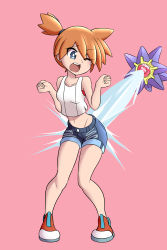 Rule 34 | 1girl, absurdres, bare shoulders, blue eyes, blue shorts, breasts, collarbone, creatures (company), denim, denim shorts, female focus, full body, game freak, gen 1 pokemon, hair tie, hands up, highres, lucyfer, midriff, misty (pokemon), navel, nintendo, one eye closed, open mouth, orange hair, pink background, pokemon, pokemon (creature), pokemon lgpe, red footwear, shirt, shoes, short hair, short shorts, shorts, side ponytail, simple background, sleeveless, sleeveless shirt, small breasts, solo focus, squirting liquid, standing, starmie, surprised, teeth, water, white shirt