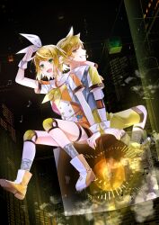 Rule 34 | 1boy, 1girl, absurdres, arm up, blonde hair, boots, building, cityscape, commentary request, green eyes, grey socks, grin, hair ribbon, highres, kagamine len, kagamine rin, knee pads, looking at viewer, looking back, musical note, open mouth, outdoors, re nantoka3, ribbon, salute, short hair, short sleeves, shorts, sitting, skyscraper, smile, socks, thigh strap, vocaloid, white ribbon, wrist cuffs, yellow ribbon, yellow shorts