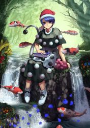 Rule 34 | 1girl, berabou, black dress, blob, blue eyes, blue hair, book, bow, capelet, doremy sweet, dress, expressionless, fish, flower, flying fish, foot dangle, footwear bow, forest, full body, grass, hat, highres, koi, layered dress, light frown, looking at viewer, matching hair/eyes, multicolored clothes, multicolored dress, nature, nightcap, no socks, on ground, outdoors, petals, pom pom (clothes), ripples, shoes, short hair, sitting, sleepwear, solo, stream, surreal, swept bangs, tail, tapir tail, touhou, water, waterfall, white dress, white footwear