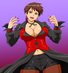 Rule 34 | 1girl, breasts, brown eyes, brown hair, choker, cleavage, earrings, fingernails, highres, hip focus, jewelry, large breasts, legs, lipstick, long coat, makani kohitujito, makeup, nail polish, navel, no bra, open mouth, pantyhose, pixie cut, purple background, ribbon choker, sharp fingernails, short hair, shorts, snk, solo, the king of fighters, very short hair, vice (kof), waistcoat