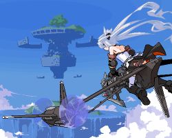 Rule 34 | 1girl, aircraft, airplane, bad id, bad pixiv id, bare shoulders, floating city, flying, looking back, lowres, mof, mof&#039;s silver haired twintailed girl, oekaki, original, scenery, silver hair, solo, twintails