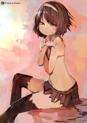 Rule 34 | 1girl, absurdres, covering privates, female focus, hairband, highres, kaamin (mariarose753), kantai collection, short hair, sitting, skirt, solo, tanikaze (kancolle), thighhighs, torn clothes, twitter username