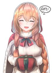 Rule 34 | absurdres, alternate costume, bad id, bad twitter id, black gloves, blush, breasts, brown hair, cape, christmas, closed eyes, commentary request, gift, girls&#039; frontline, gloves, green eyes, hair between eyes, hair ribbon, highres, hiromaster sinta jh, holly, large breasts, long hair, looking at viewer, official alternate costume, open mouth, ponytail, red cape, red hood, ribbon, sidelocks, speech bubble, springfield (girls&#039; frontline), springfield (o holy night) (girls&#039; frontline), sweater, white sweater