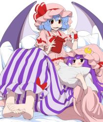 Rule 34 | 2girls, ahoge, bat wings, blue hair, blush, bow, crescent, crescent hair ornament, cushion, dress, eating, eichi yuu, food, hair ornament, hat, hat ribbon, holding, long hair, lying on lap, mob cap, multiple girls, on bed, patchouli knowledge, pillow, pocky, pointy ears, puffy short sleeves, puffy sleeves, purple eyes, purple hair, red bow, red eyes, red ribbon, remilia scarlet, ribbon, short sleeves, simple background, smile, striped clothes, striped dress, touhou, white background, wide sleeves, wings