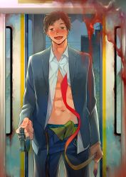 Rule 34 | 1boy, abs, blush, bulge, collar, crotch, erection, erection under clothes, formal, highres, looking at viewer, male focus, muscular, naughty face, necktie, original, public indecency, solo focus, suit, train, tt (tt osc), underwear, undressing