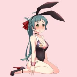 Rule 34 | 10s, 1girl, adapted costume, animal ears, black leotard, blush, braid, breasts, choker, fake animal ears, french braid, green hair, irako (kancolle), kantai collection, leotard, long hair, looking at viewer, medium breasts, name tag, pink background, playboy bunny, ponytail, rabbit ears, rabbit tail, signature, simple background, sitting, solo, tail, tun, wariza, wrist cuffs, yellow eyes