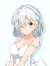 Rule 34 | 1girl, absurdres, alternate costume, bare shoulders, blush, breasts, cleavage, closed mouth, collarbone, dress, hair ornament, hair over one eye, hairclip, halkawa501, hamakaze (kancolle), highres, kantai collection, large breasts, looking at viewer, messy hair, off shoulder, short hair, silver hair, simple background, smile, solo, strap slip, upper body, white background, white dress