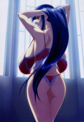Rule 34 | 1girl, absurdres, adjusting hair, arms behind head, ass, babydoll, back, backboob, backlighting, blue eyes, blue hair, bra, breasts, flat ass, from behind, fuutou shizune, gigantic breasts, hanging breasts, highres, ino (magloid), lace, lace-trimmed bra, lace-trimmed panties, lace trim, lingerie, long hair, looking back, matching hair/eyes, narrow waist, non-web source, oshioki sweetie, panties, profile, sagging breasts, scan, sideboob, skindentation, solo, thong, underwear, underwear only, window
