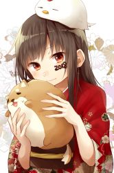 Rule 34 | 1girl, 2018, animal, animal on head, bird, blush, brown eyes, brown hair, chicken, chinese zodiac, commentary request, dog, floral background, floral print, head tilt, highres, holding, holding animal, japanese clothes, kimono, long hair, long sleeves, looking at viewer, new year, obi, on head, original, print kimono, red kimono, sash, satou saya, solo, sweat, white background, wide sleeves, year of the dog
