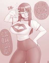 Rule 34 | 1girl, blush, breasts, cleavage cutout, clothing cutout, ekz (robotekz), english text, hand on back, hand on own hip, hand up, highres, large breasts, lips print, long hair, one eye closed, original, pantyhose, shirt, solo, sound effects, white shirt