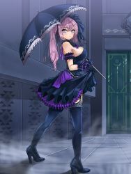 Rule 34 | 1girl, clothes lift, female focus, full body, gloves, high heels, holding, holding clothes, lhu (barappra1), original, parasol, pink hair, ponytail, shoes, skirt, skirt lift, solo, thighhighs, umbrella