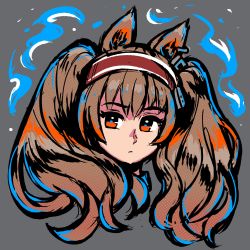Rule 34 | 1girl, akairiot, angelina (arknights), animal ears, arknights, blue fire, brown hair, expressionless, fire, fox ears, grey background, highres, long hair, looking at viewer, red eyes, simple background, solo, twintails