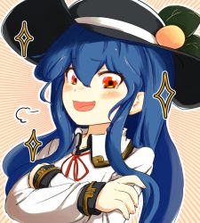 Rule 34 | 1girl, :d, puff of air, blouse, blue hair, collarbone, collared shirt, commentary request, crossed arms, food, food on head, fruit, fruit on head, hair between eyes, hand on own arm, hat, hinanawi tenshi, laughing, leaf, leaf on head, long hair, long sleeves, looking at viewer, object on head, open mouth, orange background, outline, peach, red eyes, red neckwear, red ribbon, ribbon, shirt, sidelocks, smile, smug, sparkle, touhou, uisu (noguchipint), upper body, white shirt, wing collar