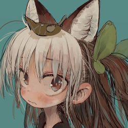 Rule 34 | 1girl, :s, animal ears, blue background, blush, brown eyes, brown hair, closed mouth, dyed bangs, ebimomo, hair ornament, leaf, leaf hair ornament, looking at viewer, lowres, multicolored hair, original, portrait, red eyes, simple background, solo, two-tone hair, white hair