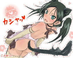 Rule 34 | 1girl, animal ears, apron, apron pull, aqua eyes, ass, black hair, blush, body blush, cat ears, cat tail, choker, clothes pull, elbow gloves, fang, francesca lucchini, gloves, hair ribbon, heart, long hair, looking back, mishiro shinza, naked apron, open mouth, outline, ribbon, solo, strike witches, sweat, tail, thighhighs, translation request, twintails, white ribbon, world witches series, yellow gloves, yellow thighhighs