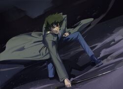 Rule 34 | 1boy, blood, blood on face, closed mouth, cofffee, cowboy bebop, full body, holding, holding sword, holding weapon, katana, male focus, necktie, solo, spike spiegel, sword, weapon
