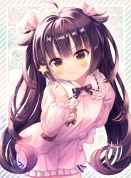 Rule 34 | 1girl, ahoge, black hair, blush, bow, closed mouth, collared dress, diagonal stripes, dress, frilled dress, frilled shirt collar, frills, hair bow, highres, holding, holding wand, long hair, looking at viewer, original, pink bow, pink dress, solo, star (symbol), striped, striped background, twintails, v-shaped eyebrows, very long hair, wand, yata (yatao zzz), yellow eyes