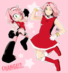 Rule 34 | 2girls, amy rose, amy rose (cosplay), animal nose, boots, character name, cosplay, costume switch, furry, furry female, haruno sakura, haruno sakura (cosplay), knee boots, look-alike, multiple girls, naruto, naruto (series), one eye closed, pink background, pink theme, sonic (series), trait connection, wink, yu da-young