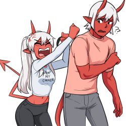 Rule 34 | 1boy, 1girl, ?, absurdres, anger vein, angry, artist name, black eyes, blush, breasts, choker, clothes writing, colored skin, cowboy shot, crop top, demon boy, demon girl, demon horns, demon tail, english text, closed eyes, eyes visible through hair, hair between eyes, highres, horns, li (rob ishi), long hair, looking at another, meme attire, midriff, navel, open mouth, original, pants, pointy ears, ponytail, rae (rob ishi), red skin, rob ishi, shirt, small breasts, snap my choker (phrase), standing, tail, tsundere, watermark, white background, white hair