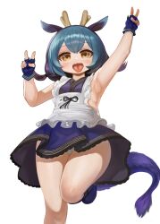 Rule 34 | 1girl, animal ears, apron, arm up, armpits, bare shoulders, blue footwear, blue gloves, blue hair, blue kimono, blue skirt, boots, brown eyes, commentary, dokomon, dragon girl, dragon horns, dragon tail, duel monster, fingerless gloves, frilled apron, frills, gloves, hair between eyes, hand up, highres, horns, japanese clothes, kimono, knee boots, korean commentary, laundry dragonmaid, low twintails, multicolored hair, open mouth, panties, pleated skirt, sharp teeth, short twintails, simple background, skirt, sleeveless, sleeveless kimono, solo, standing, standing on one leg, tail, teeth, tongue, tongue out, twintails, two-tone hair, underwear, white apron, white background, white panties, yu-gi-oh!, yu-gi-oh! master duel