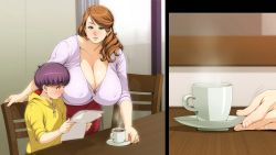 Rule 34 | 1boy, 1girl, age difference, blush, breasts, brown hair, chair, character request, charm point, child, cleavage, cup, curvy, earrings, embarrassed, hetero, highres, hood, hood down, hoodie, huge breasts, indoors, jewelry, leaning forward, long hair, looking at another, mature female, oba-san to boku no h na obenkyou, purple hair, ring, saucer, sequential, smile, swept bangs, table, teacup, wedding band, wedding ring, yellow hoodie