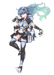 Rule 34 | 1girl, 463 jun, absurdres, bag, black thighhighs, blue hair, breasts, cellphone, cleavage cutout, clothing cutout, covered erect nipples, extra arms, full body, gauntlets, gradient hair, grey eyes, grey panties, hair ornament, highres, long hair, looking at viewer, multicolored hair, navel, navel cutout, open mouth, original, panties, pantyshot, phone, revealing clothes, shoulder bag, skirt, smile, solo, standing, thighhighs, underboob, underwear, very long hair, wind, wind lift