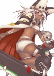 Rule 34 | 1girl, absurdres, akahuzi, ass, bad id, bad pixiv id, breasts, brown eyes, cleavage, dark skin, dark-skinned female, guilty gear, guilty gear xrd, highres, large breasts, long hair, looking at viewer, parted lips, ramlethal valentine, solo, underboob, white hair
