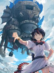 Rule 34 | 1girl, absurdres, arrow (symbol), black hair, bloomers, blue bow, bow, bracelet, breasts, buttons, castle, chimney, chromatic aberration, cloud, cloudy sky, dress, evil grin, evil smile, grey horns, grin, hand on own hip, highres, horns, howl no ugoku shiro, huge filesize, jewelry, kijin seija, looking at viewer, mountain, multicolored hair, red eyes, red hair, rooftop, sash, senzaicha kasukadoki, shade, sharp teeth, short hair, short sleeves, sky, small breasts, smile, smoke, sparkle, streaked hair, teeth, thumbs down, touhou, tower, underwear, upside-down, white dress, white hair