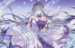 Rule 34 | 1girl, aqua eyes, asymmetrical gloves, bare shoulders, bracelet, breasts, commentary, dress, earrings, facial hair, floating hair, gloves, hair between eyes, halo, hand on own shoulder, hands up, head wings, highres, honkai: star rail, honkai (series), jewelry, long hair, looking at viewer, musical note, parted lips, purple dress, robin (honkai: star rail), rongyishoushan2, smile, solo, standing, symbol-only commentary, two-tone dress, uneven gloves, white dress, white gloves, wings