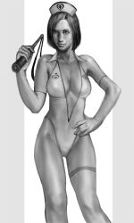 Rule 34 | 1girl, artist request, bare legs, breasts, brown hair, cleavage, closed mouth, covered navel, eileen galvin, gloves, greyscale, hand on own hip, hat, highleg, highleg leotard, holding, holding whip, large breasts, leotard, lips, looking at viewer, monochrome, nurse, nurse cap, official alternate costume, room, shiny skin, short hair, silent hill, silent hill (series), silent hill 4: the room, simple background, smile, solo, standing, thighs, white background