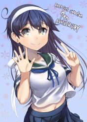 Rule 34 | 1girl, ahoge, anniversary, black hair, blue background, blue neckerchief, blue sailor collar, blue skirt, brown eyes, cowboy shot, gradient background, hairband, highres, kantai collection, long hair, looking at viewer, neckerchief, open palm, pleated skirt, sailor collar, skirt, smile, solo, ushio (kancolle), v, white hairband, zombie mogura