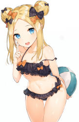 Rule 34 | 1girl, abigail williams (emerald float) (fate), abigail williams (fate), ball, bare arms, bare shoulders, beachball, bikini, black bikini, black bow, blonde hair, blue eyes, blush, bow, breasts, collarbone, commentary request, double bun, emerald float, fate/grand order, fate (series), forehead, groin, hair bow, highres, index finger raised, leaning forward, long hair, looking at viewer, navel, official alternate costume, open mouth, orange bow, revision, rikoma, round teeth, side bun, sidelocks, simple background, small breasts, solo, swimsuit, teeth, thigh gap, upper teeth only, white background