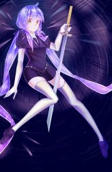 Rule 34 | 1girl, absurdres, black jacket, black shorts, breasts, collared shirt, cosplay, crystal hair, elbow gloves, gem uniform (houseki no kuni), gloves, gx (1165606660), highres, holding, holding sword, holding weapon, houseki no kuni, jacket, long hair, necktie, puffy short sleeves, puffy sleeves, purple hair, shirt, short sleeves, shorts, small breasts, solo, sword, thighhighs, twintails, uniform, very long hair, vocaloid, vocanese, weapon, white gloves, white shirt, white thighhighs, xingchen, yellow eyes