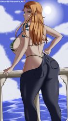 Rule 34 | 1girl, absurdres, ass, bare shoulders, bikini, breasts, denim, from behind, highres, huge ass, huge breasts, jeans, long hair, looking at viewer, nami (one piece), one piece, orange hair, pakko, pants, red eyes, shiny clothes, sideboob, solo, swimsuit, thong, thong bikini