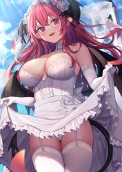 Rule 34 | 1girl, black wings, blush, breasts, cowboy shot, demon tail, demon wings, dress, elbow gloves, fang, gloves, hair between eyes, head wings, highres, koakuma, large breasts, long hair, open mouth, pointy ears, red eyes, red hair, smile, solo, tail, thighhighs, touhou, white dress, white gloves, white thighhighs, wings, wowoguni