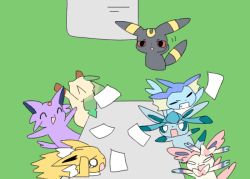 Rule 34 | &gt; &lt;, animal ears, arms up, black eyes, clenched teeth, closed eyes, colored sclera, creatures (company), espeon, furry, game freak, gen 1 pokemon, gen 2 pokemon, gen 4 pokemon, gen 6 pokemon, glaceon, green background, hand up, jolteon, leafeon, letsuo, meeting, nintendo, open mouth, paper, pokemon, pokemon (creature), pokemon dppt, pokemon gsc, pokemon rgby, pokemon xy, red sclera, simple background, sitting, smile, sylveon, table, tail, tears, teeth, vaporeon