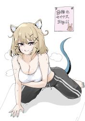 Rule 34 | 1girl, :q, animal ear fluff, animal ears, arknights, arm support, bare arms, bare shoulders, barefoot, black pants, blonde hair, blue nails, camisole, commentary request, hair ornament, hairclip, heka=ton, highres, looking at viewer, nail polish, pants, purple eyes, short hair, simple background, smile, solo, tail, toenail polish, toenails, tongue, tongue out, track pants, translation request, utage (arknights), white background