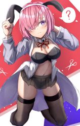 Rule 34 | 1girl, ?, absurdres, animal ears, black panties, black skirt, black thighhighs, breasts, cleavage, closed mouth, commentary request, fake animal ears, fate/grand order, fate (series), from above, hair over one eye, hairband, hands up, highres, large breasts, long sleeves, looking at viewer, mash kyrielight, navel, panties, pink hair, pleated skirt, purple eyes, rabbit ears, short hair, skirt, solo, thighhighs, thighs, toukan, underwear, white hairband