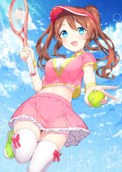 Rule 34 | 1girl, :d, ball, blue sky, blush, breasts, brown hair, chitetan, cleavage, cloud, cloudy sky, crop top, crop top overhang, day, diffraction spikes, dutch angle, frilled skirt, frills, hair between eyes, holding, holding ball, leg up, light rays, long hair, looking at viewer, medium breasts, midriff, moe2017, open mouth, original, outdoors, pink shirt, pink skirt, racket, shirt, shoes, short sleeves, skirt, sky, smile, sneakers, solo, sparkle, sportswear, standing, standing on one leg, star (symbol), sunbeam, sunlight, tennis, tennis ball, thighhighs, twintails, v, visor cap, wavy hair, white shirt, white thighhighs, zettai ryouiki