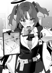 Rule 34 | 2girls, aoi (blue archive), blue archive, blush, breasts, cellphone photo, collared shirt, commentary, gloves, greyscale, halo, holding, holding tablet pc, indoors, jacket, large breasts, long hair, long sleeves, lower teeth only, monochrome, multiple girls, necktie, nipples, nude, open clothes, open jacket, open mouth, pointing, shirt, skirt, strangling, subachi, sweat, tablet pc, teeth, two side up, yuuka (blue archive)