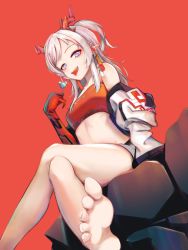 Rule 34 | 1girl, arknights, bare legs, bare shoulders, barefoot, blue eyes, braid, breasts, candy, dragon horns, earrings, eyyy, feet, female focus, food, foot focus, foreshortening, from below, gloves, grin, highres, horns, jacket, jewelry, crossed legs, lollipop, looking at viewer, medium breasts, medium hair, midriff, nian (arknights), off shoulder, open mouth, pointy ears, ponytail, red background, red gloves, side braid, silver hair, simple background, sitting, smile, soles, solo, strapless, thighs, tongue, tongue out, tube top, white jacket