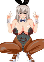 Rule 34 | 1girl, absurdres, blue eyes, blush, breasts, clenched teeth, covered erect nipples, double v, girls und panzer, grey hair, high heels, highres, itsumi erika, large breasts, leotard, looking at viewer, medium hair, mevius9, pantyhose, playboy bunny, rabbit ears, saliva, solo, squatting, teeth, v