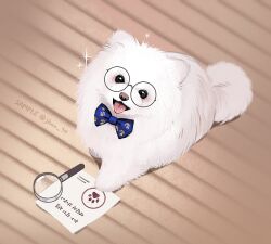 Rule 34 | animal, animal focus, blue bow, blue bowtie, blush, bow, bowtie, commentary, dog, fluffy, glasses, jbee 34, korean commentary, looking at viewer, magnifying glass, no humans, open mouth, original, paper, paw print, round eyewear, signature, sitting, solo, sparkle, tail, tongue, tongue out, white dog