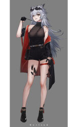 Rule 34 | 1girl, :d, absurdres, arknights, bare shoulders, black footwear, black jacket, black shirt, black shorts, bwcloud, commentary request, eyewear on head, full body, grey background, grey eyes, grey hair, hair ornament, hairclip, highres, jacket, lappland (arknights), long hair, looking at viewer, material growth, off shoulder, open clothes, open jacket, open mouth, oripathy lesion (arknights), sharp teeth, shirt, short shorts, shorts, smile, solo, standing, sunglasses, teeth, thigh strap, thighs, turtleneck, very long hair