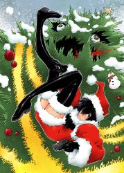 Rule 34 | black hair, chain sumeragi, christmas, christmas tree, gun, handgun, highres, kekkai sensen, naitou yasuhiro, pistol, short hair, solo, source request, weapon