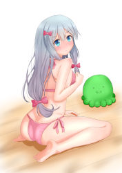 Rule 34 | 10s, 1girl, :t, absurdres, artist request, ass, bare shoulders, barefoot, blue eyes, blush, bow, bra, breasts, butt crack, eromanga, eromanga sensei, feet, hair bow, highres, indoors, izumi sagiri, long hair, looking at viewer, panties, pink bra, pink panties, pout, red bow, shiny skin, sideboob, silver hair, sitting, solo, tears, underwear, underwear only, very long hair, wariza