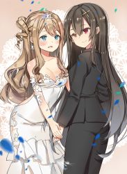 Rule 34 | 2girls, :d, bad id, bad pixiv id, black jacket, black pants, blue eyes, blush, breasts, brown background, brown eyes, brown hair, cleavage, closed mouth, commentary, dress, earrings, english commentary, eye contact, formal, girls&#039; frontline, glint, goyain, hair between eyes, hair ornament, heterochromia, highres, holding hands, jacket, jewelry, long hair, looking at another, m1014 (girls&#039; frontline), medium breasts, multiple girls, official alternate costume, one side up, open mouth, pant suit, pants, red eyes, ringlets, smile, strapless, strapless dress, suit, suomi (blissful mission) (girls&#039; frontline), suomi (girls&#039; frontline), tiara, very long hair, wedding dress, white dress, x hair ornament, yuri