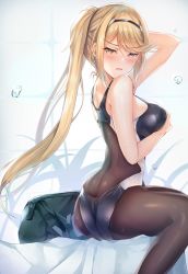 Rule 34 | 1girl, arm up, ass, blonde hair, blush, breasts, competition swimsuit, earrings, gem, hand on own chest, headpiece, inoue takuya (tactactak), jewelry, large breasts, long hair, looking at viewer, lying, mythra (massive melee) (xenoblade), mythra (xenoblade), nintendo, one-piece swimsuit, pantyhose, pantyhose under swimsuit, ponytail, shadow, solo, swept bangs, swimsuit, thigh strap, tiara, wet, xenoblade chronicles (series), xenoblade chronicles 2, yellow eyes