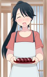Rule 34 | 1girl, alternate costume, apron, black hair, collarbone, closed eyes, food, high ponytail, holding, holding plate, houshou (kancolle), kantai collection, long hair, open mouth, pink shirt, plate, shirt, solo, tanaka rikimaru, upper body, white apron