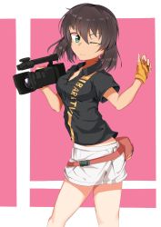 Rule 34 | 1girl, ;), absurdres, black shirt, blush, brown hair, casual, clothes writing, collared shirt, dark-skinned female, dark skin, fanny pack, from side, girls und panzer, gloves, green eyes, highres, holding, hoshino (girls und panzer), kshimu, looking at viewer, one eye closed, orange gloves, pink background, print shirt, shirt, short hair, short shorts, short sleeves, shorts, smile, solo, standing, thighs, unbuttoned, unbuttoned shirt, v-shaped eyebrows, video camera, white shorts